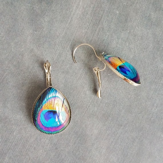Peacock Earrings Feather Earrings Stainless Steel Earring Bright Color Feather Lever Back Earring Hypoallergenic Silver Tear Drop Earring Etsy Ireland