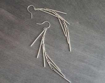 Silver Fringe Earrings, silver bar earring, cluster earring, waterfall earring, thin narrow earring, silver stick earring, shaggy earring