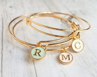 Gold Bangle - ONE adjustable stacking charm bracelet - simple round enamel letter initial in mint pink white - minimalist trendy slide loop