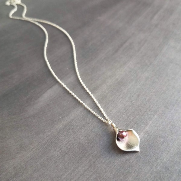 Silver Calla Lily Necklace - small matte flower charm, fuchsia pink, plum purple genuine freshwater pearl, delicate thin chain, bridesmaid