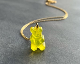 Pale Yellow Gummy Bear Necklace, yellow candy bear charm, gold chain, small little lemon yellow bear pendant, light yellow, bright sun