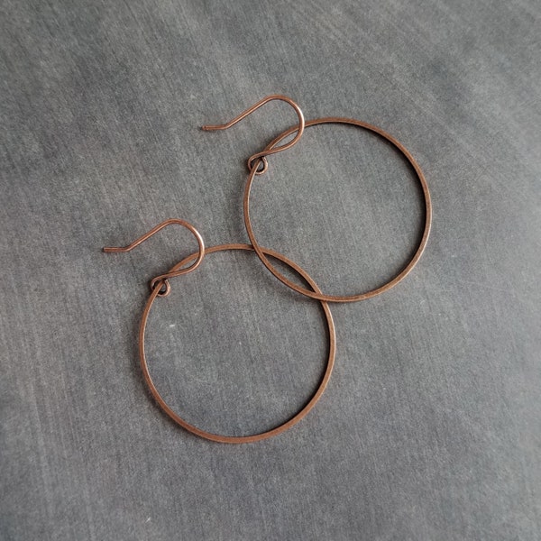 Copper Hoop Earrings, antique copper circle earring, oxidized copper earring, thin copper ring, delicate copper earring, large lightweight