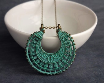 Crescent Moon Necklace, verdigris patina necklace, semicircle pendant, bronze necklace, medallion pendant, filigree pendant necklace, green