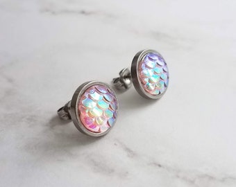 Pink Mermaid Earrings, small round studs, hypoallergenic studs, rainbow fish earring, fish scale earring, opal earring, AB pastel iridescent