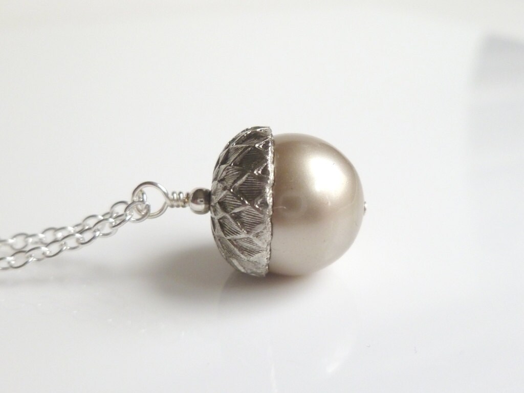 Silver Acorn Necklace Genuine Swarovski Pearl Pendant Capped - Etsy