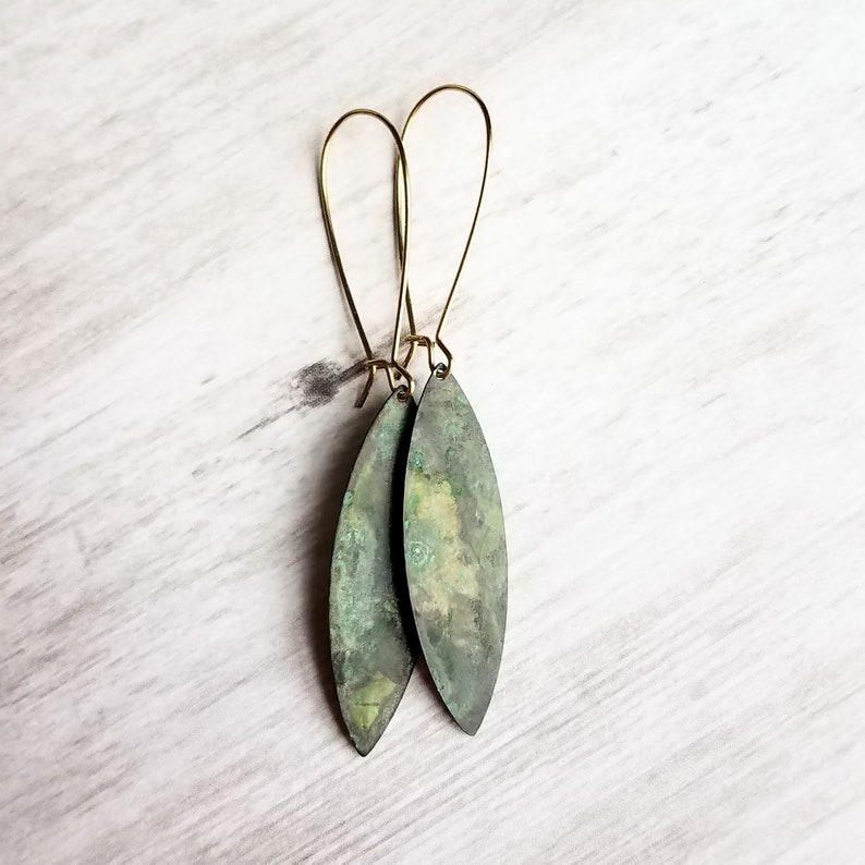 thin flat pointed ellipse oval in verdigris patina Long Drop Earrings mottled splotch in blue green aqua brown on gold aged kidney hooks