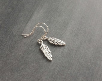 Antique Silver Feather Earrings, blackened silver feather, tiny feather earring, small silver feather, little feather dangle, simple feather