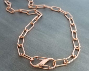 Chunky Rose Gold Necklace, S clasp carabiner clasp, big front clasp, thick rose gold chain, rose gold paperclip oval link chain, add a charm