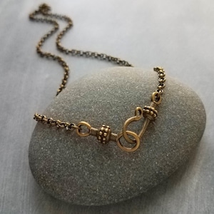 Antique Brass Necklace, bronze chain, decorative front clasp necklace, hook clasp, round link chain, brass chain, antique bronze necklace