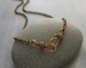 Antique Brass Necklace, bronze chain, decorative front clasp necklace, hook clasp, round link chain, brass chain, antique bronze necklace