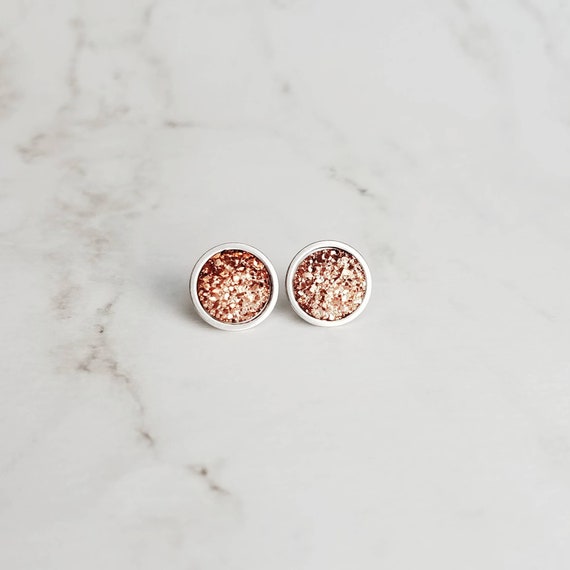 Rose Gold Studs Pink Copper Colored Faux Druzy Stone Round | Etsy