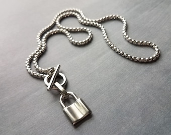 Stainless Steel Box Chain, padlock pendant, silver rolo chain, chunky chain, front clasp, front toggle clasp, OT clasp, lock charm, thick