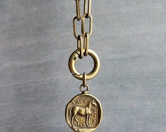 Antique Brass Thick Chain, replica coin pendant charm, antique bronze chunky link necklace, big round front clasp, spring gate, girl gift