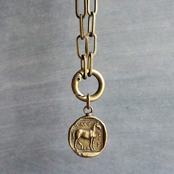 Antique Brass Thick Chain, replica coin horse pendant charm, antique bronze chunky link necklace, big round front clasp, birthday girl gift