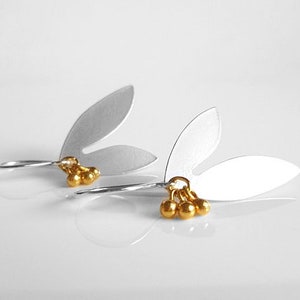 Mixed Metal Earrings, silver gold earring, silver leaf earring, gold pod earring, double leaf earring, .925 sterling silver hooks, vermeil image 2