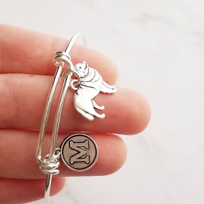 Great Pyrenees Dog Bracelet personalized small letter charm / pet on simple silver wire double loop adjustable bangle custom initial image 4