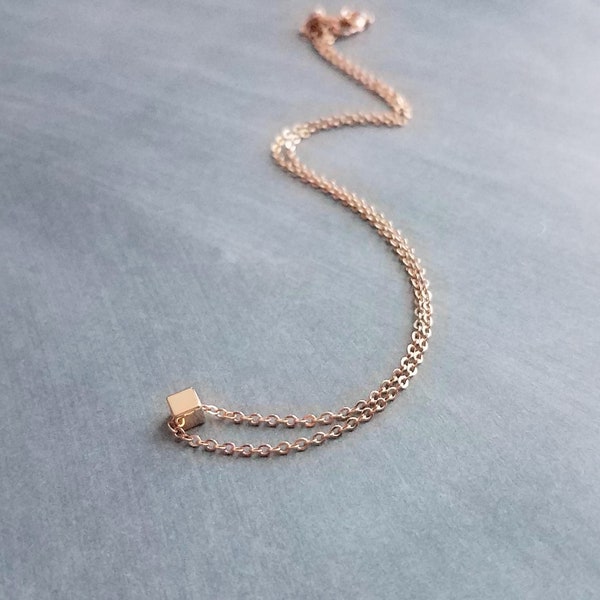 Cube Necklace, tiny rose gold cube, rose gold necklace, pink gold necklace, square bead necklace, layering necklace, delicate necklace small