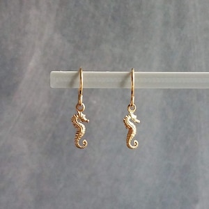 Gold Seahorse Earrings, tiny seahorse earring, sea horse dangle, little brass earring small seahorse, dainty earring, 14K SOLID gold upgrade