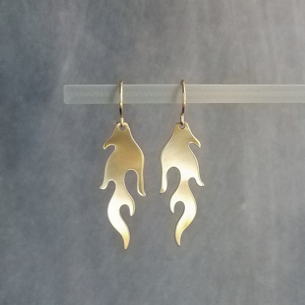 Fire Earrings, gold flame earrings, flame dangle earring, fiery earrings, hot earrings, brass flame, 14K solid gold hook opt, lightweight