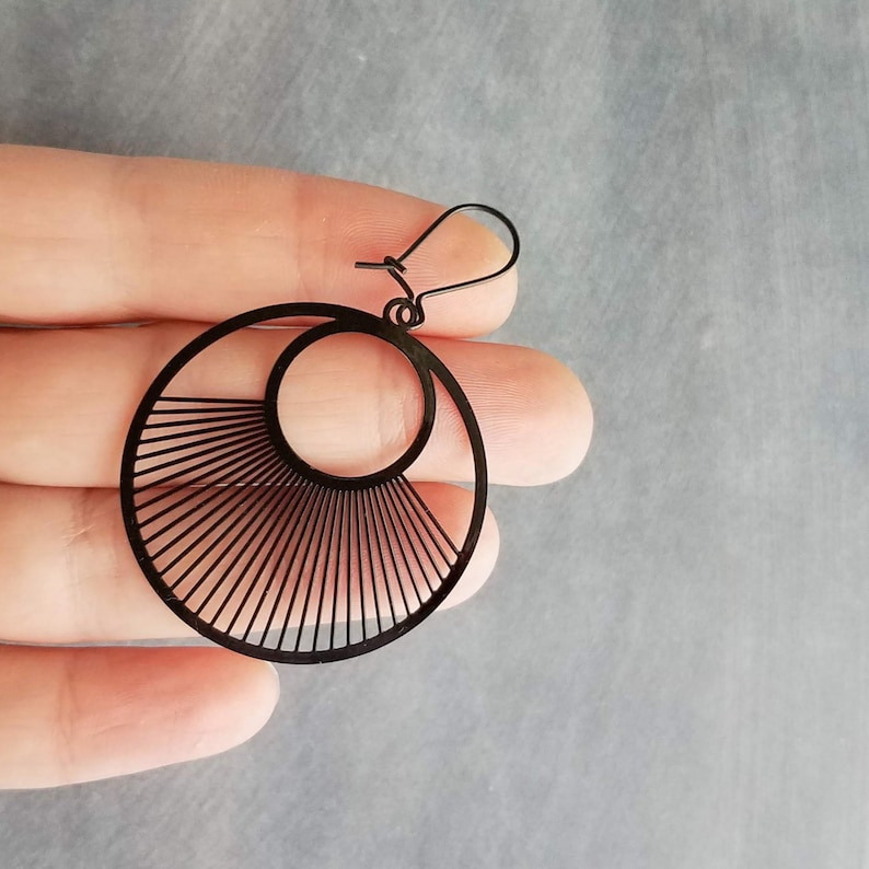 Large Black Earrings, large black circle earrings, matte black earrings, large earrings, spokes earring, sun ray earrings lightweight kidney image 6