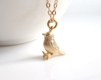 Little Gold Bird Necklace, tiny gold bird necklace, baby bird necklace, gold bird pendant, simple chain, small gold bird necklace, chickadee