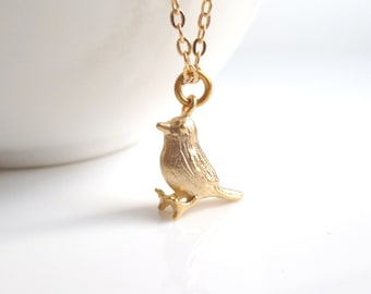 Little Gold Bird Necklace, tiny gold bird necklace, baby bird necklace, gold bird pendant, simple chain, small gold bird necklace, chickadee