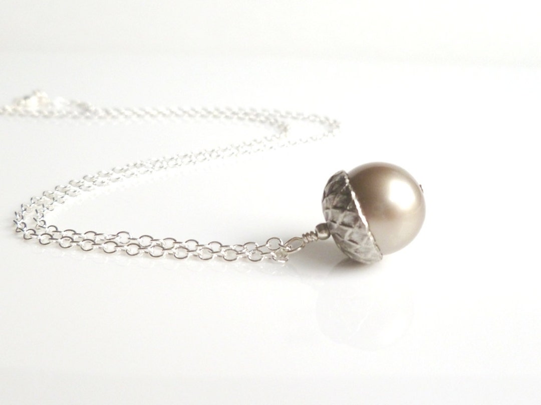 Silver Acorn Necklace Genuine Swarovski Pearl Pendant Capped in Matte ...