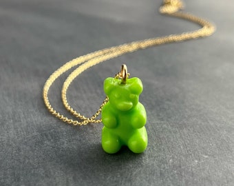 Lime Green Gummy Bear Necklace, green candy bear charm, candy necklace, dainty gold chain, little gummy bear gift, small bear pendant, treat