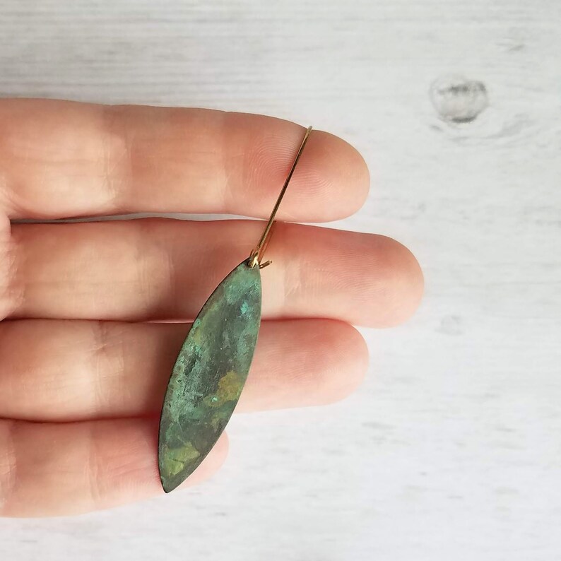 thin flat pointed ellipse oval in verdigris patina Long Drop Earrings mottled splotch in blue green aqua brown on gold aged kidney hooks