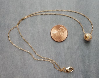 Gold Pave Ball Necklace, Round Crystal Slider, Thin Gold