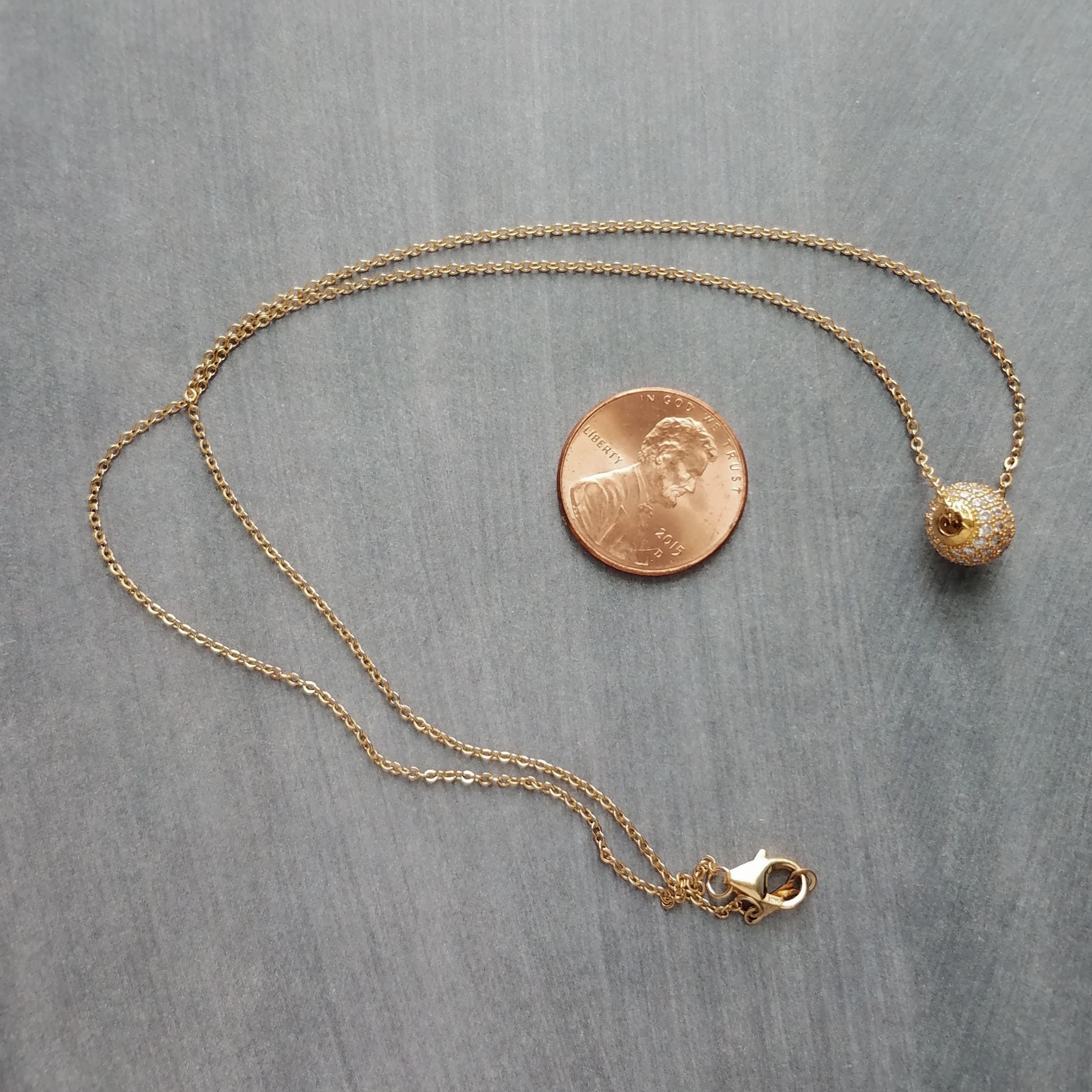 Gold Pave Ball Necklace, Round Crystal Slider, Thin Gold Chain
