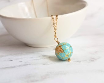 Earth Necklace, 14K gold fill chain, turquoise stone globe, world pendant, gemstone globe, travel gift, long distance far away friend planet