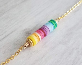 Rainbow Necklace, colorful necklace, multicolor necklace, gold rainbow necklace, cheerful necklace, pride necklace, rainbow disk necklace