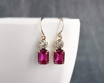 Fuchsia Crystal Earrings, hot pink earring, pink purple earring, rectangle stone earring crystal dangle earring small silver vintage earring