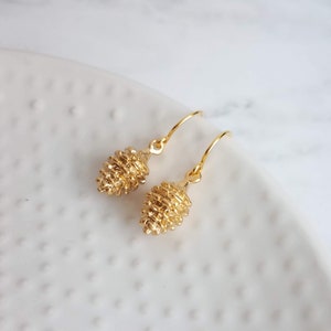 Gold Pine Cone Earrings, small pinecone earring, little pine cone, fall earring, autumn earring, matte gold harvest earring, nature earring