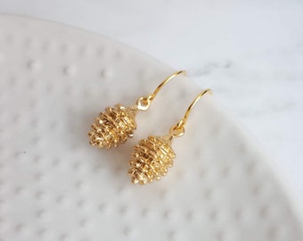 Gold Pine Cone Earrings, small pinecone earring, little pine cone, fall earring, autumn earring, matte gold harvest earring, nature earring