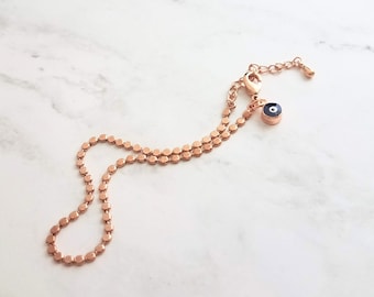 Small Evil Eye Bracelet, delicate rose gold chain, rose gold bracelet, rose gold evil eye, protection bracelet, good fortune bracelet