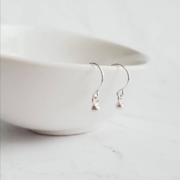 Sterling Silver Ball Earrings - tiny round drops dangle dot - simple dainty hook - delicate minimalist everyday orb small little mini sphere