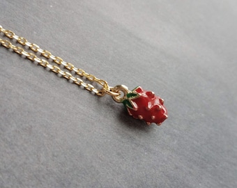 Gold Strawberry Necklace, tiny strawberry necklace, small strawberry, little strawberry, strawberry jewelry, dainty gold necklace, fruit