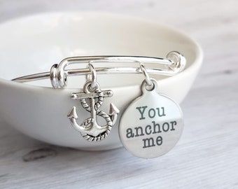 Love & Friendship Bracelet - you anchor me - silver wire adjustable bangle charm bracelet - support rock - wife / best girl friend gift