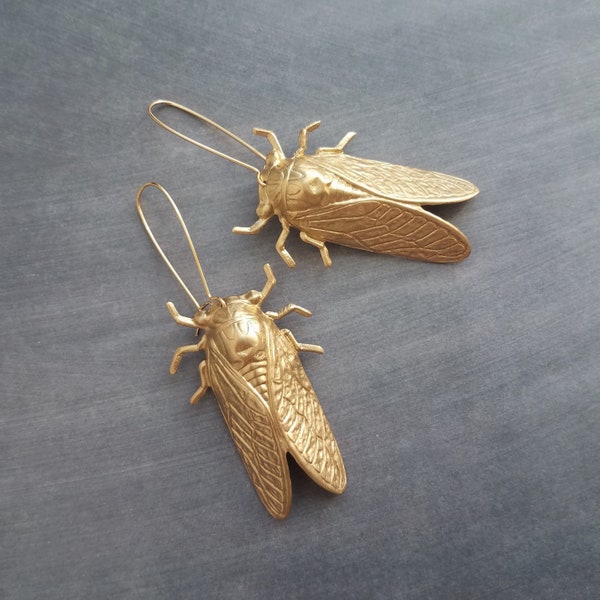 Large Cicada Earrings, gold bug earring, huge gold insect, big bug earring, gold insect jewelry, gold bug dangle, latching kidney ear hook