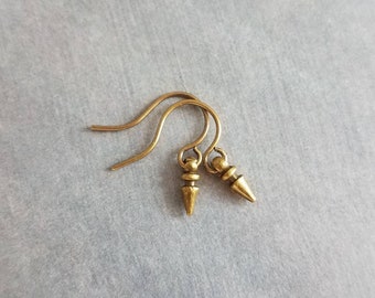 Tiny Spear Earrings, antique brass earring, old gold earring, small dangle earring, small bullet earring, bronze earring, mini spike earring