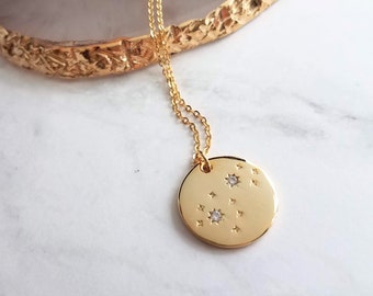 Night Sky Necklace, gold cubic zirconia star pendant, celestial necklace, round medallion, constellation necklace, wishing star necklace