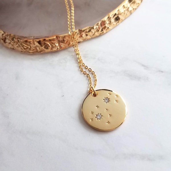 Night Sky Necklace, gold cubic zirconia star pendant, celestial necklace, round medallion, constellation necklace, wishing star necklace