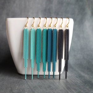 Long Chain Earrings, tassel earring, curb chain earring, blue earring, teal earring, turquoise earring, colored chain, chain fringe earring