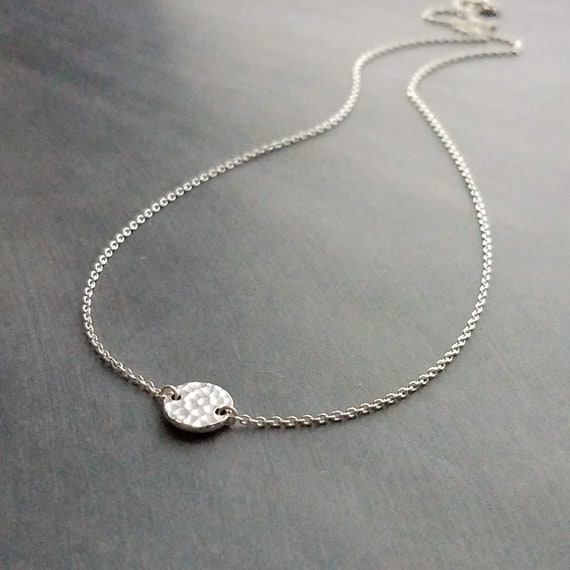 Silver Disc Necklace, hammered disk pendant, flat thick round coin, delicate silver chain, simple minimalist wear, plain silver circle
