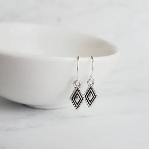 Tiny Silver Diamond Shape Earrings, small simple hooks, small silver dangles, raised design oxidized silver, antique silver rhombus charm