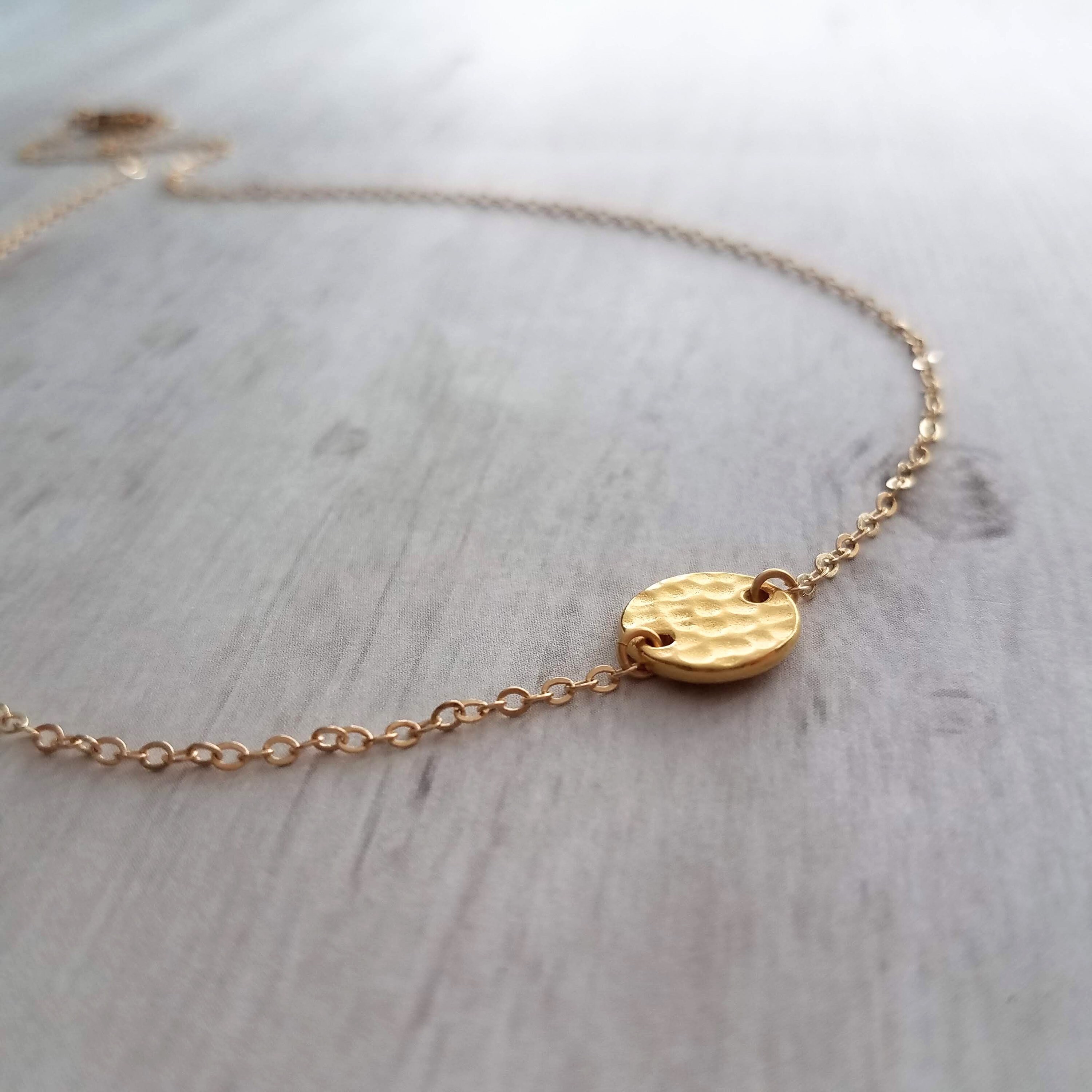 Gold Disk Necklace Hammered Pendant 