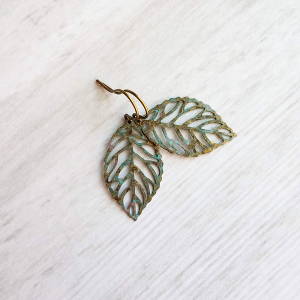 Fall Leaf Earrings, simple leaf earring, delicate filigree leaves, rustic leaf, leaf charm, small verdigris patina leaf, aqua blue green