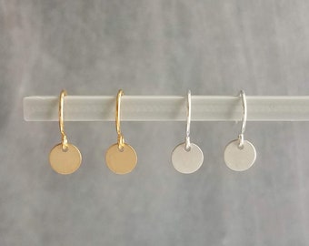 Tiny Gold Disk Earrings, extra small earring, mini disk earring, gold coin earring, plain round earring, little gold disc, round gold dangle